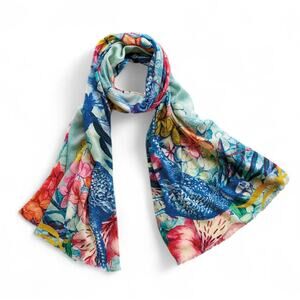 Monticello 100% Cashmere Colorful Graphic Pheasant Lightweight Scarf, NWOT